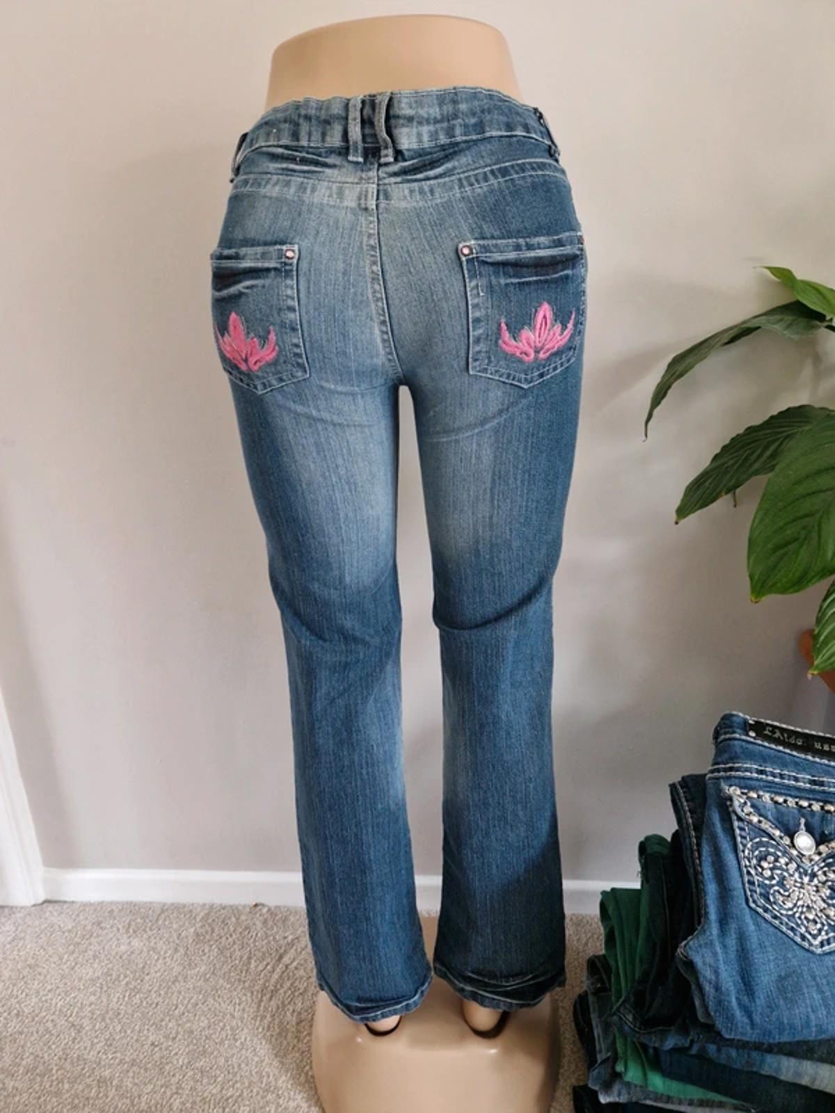 Y2K "Kikstar" Mid Rise Bootcut Petite Pink Detail Festival Grunge Denim UK 10