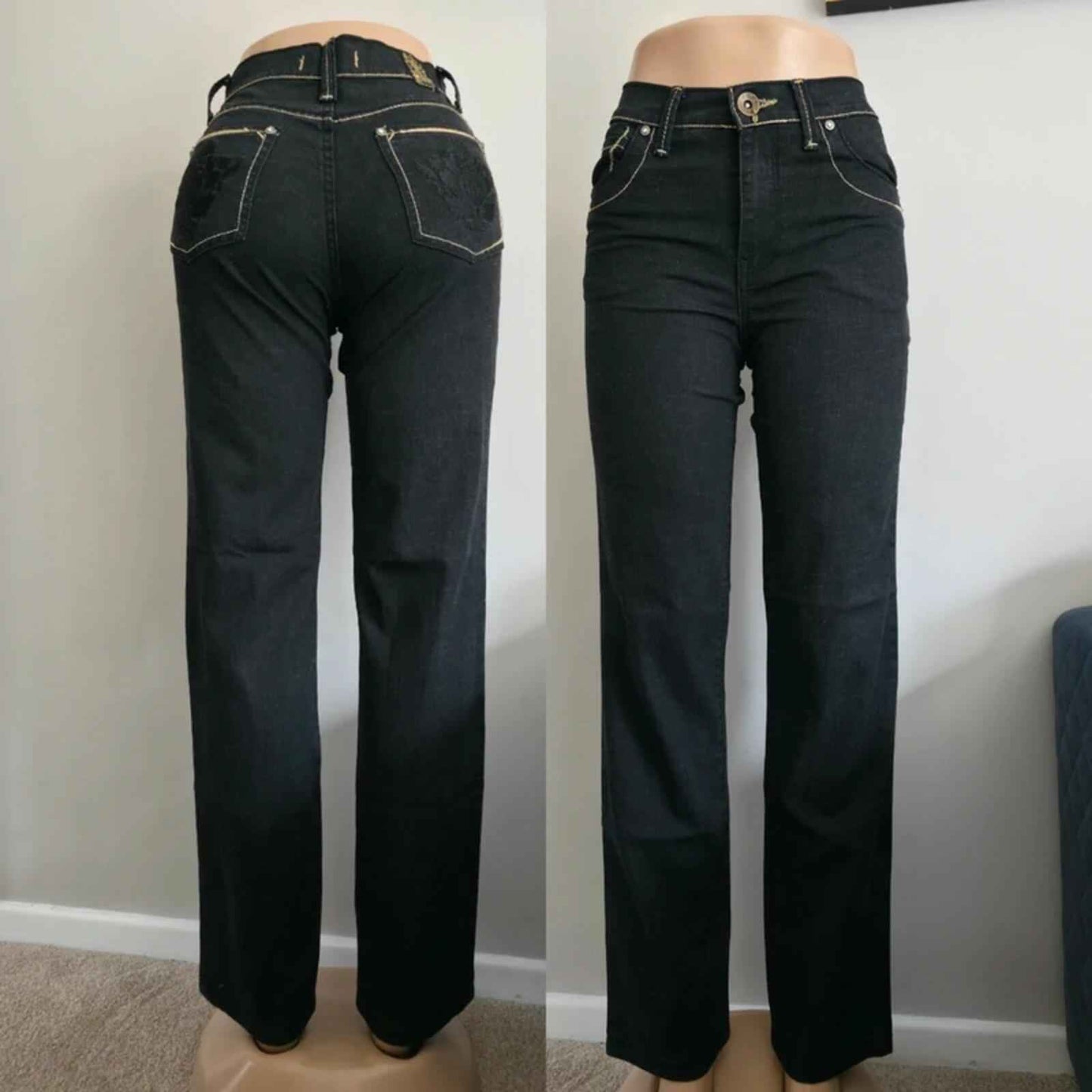 New Caro Vintage Y2K Mid Rise Straight Leg Black Jeans UK Size 8
