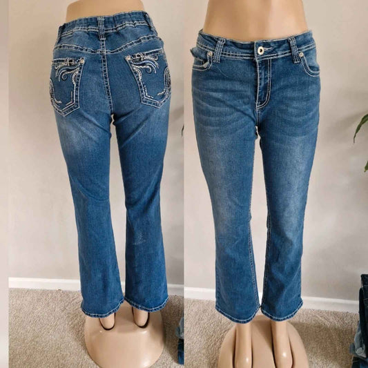 Y2K "Cg Cg" Mid Rise Bootcut Petite Festival Grunge Embroidered Denim Jeans UK 10