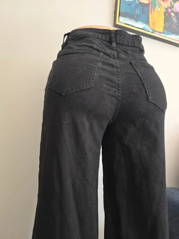 Machine Wide Leg Black Printed Jeans UK Size 8 Tall