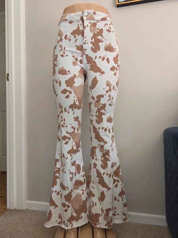 Peach Love High Rise Flared Cow Print Jeans UK Size 8