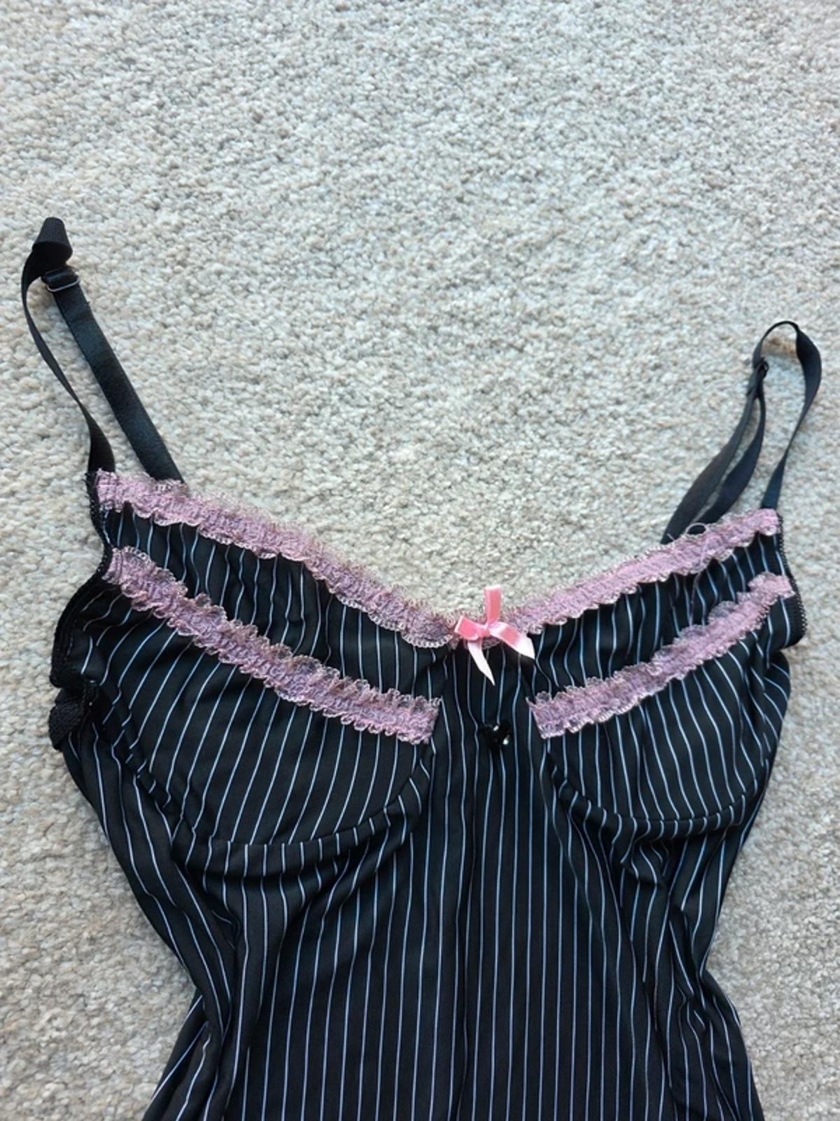 Vintage Y2K Dreamgirl Black Pinstripe Lace Babydoll Slip Dress UK Size 8–10