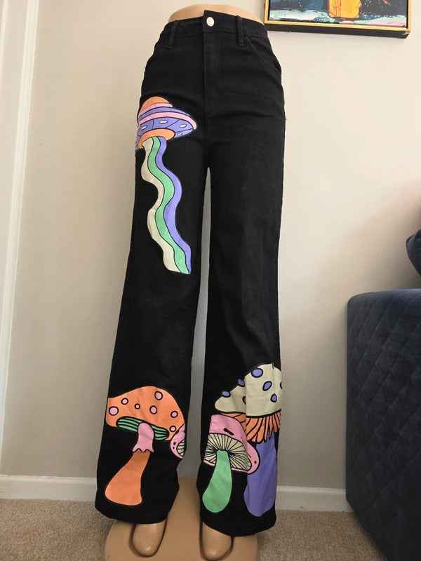 Machine Wide Leg Black Printed Jeans UK Size 8 Tall