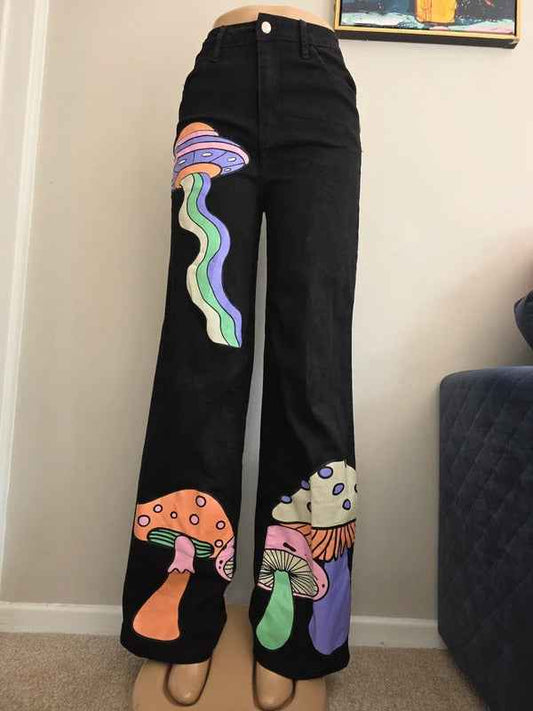 Machine Wide Leg Black Printed Jeans UK Size 8 Tall