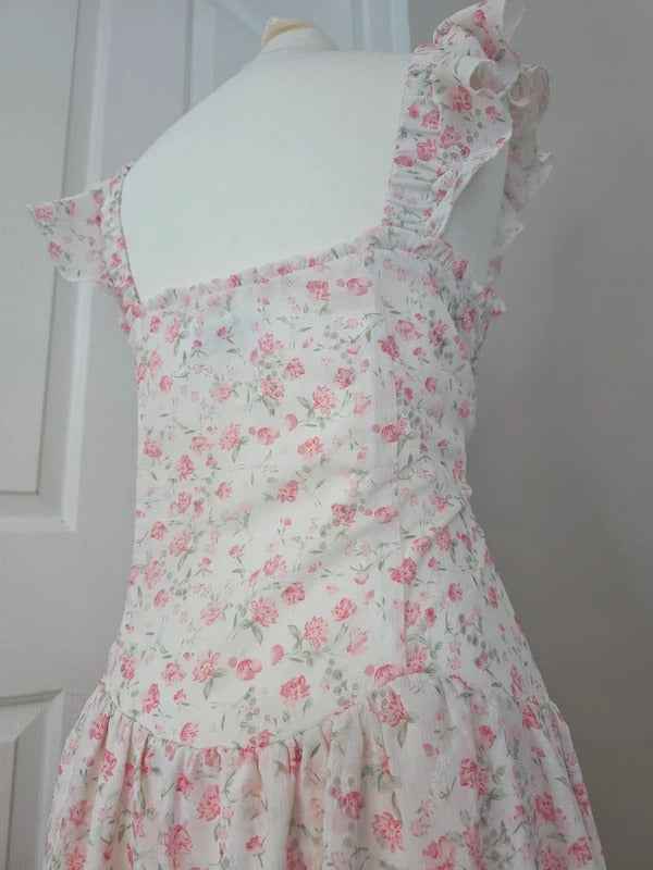 Quiz Pink Floral Ruffle Mini Dress UK Size 12-14