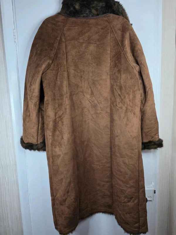 Vintage Y2K Faux Suede Longline Coat with Faux Fur Collar UK size 16/18