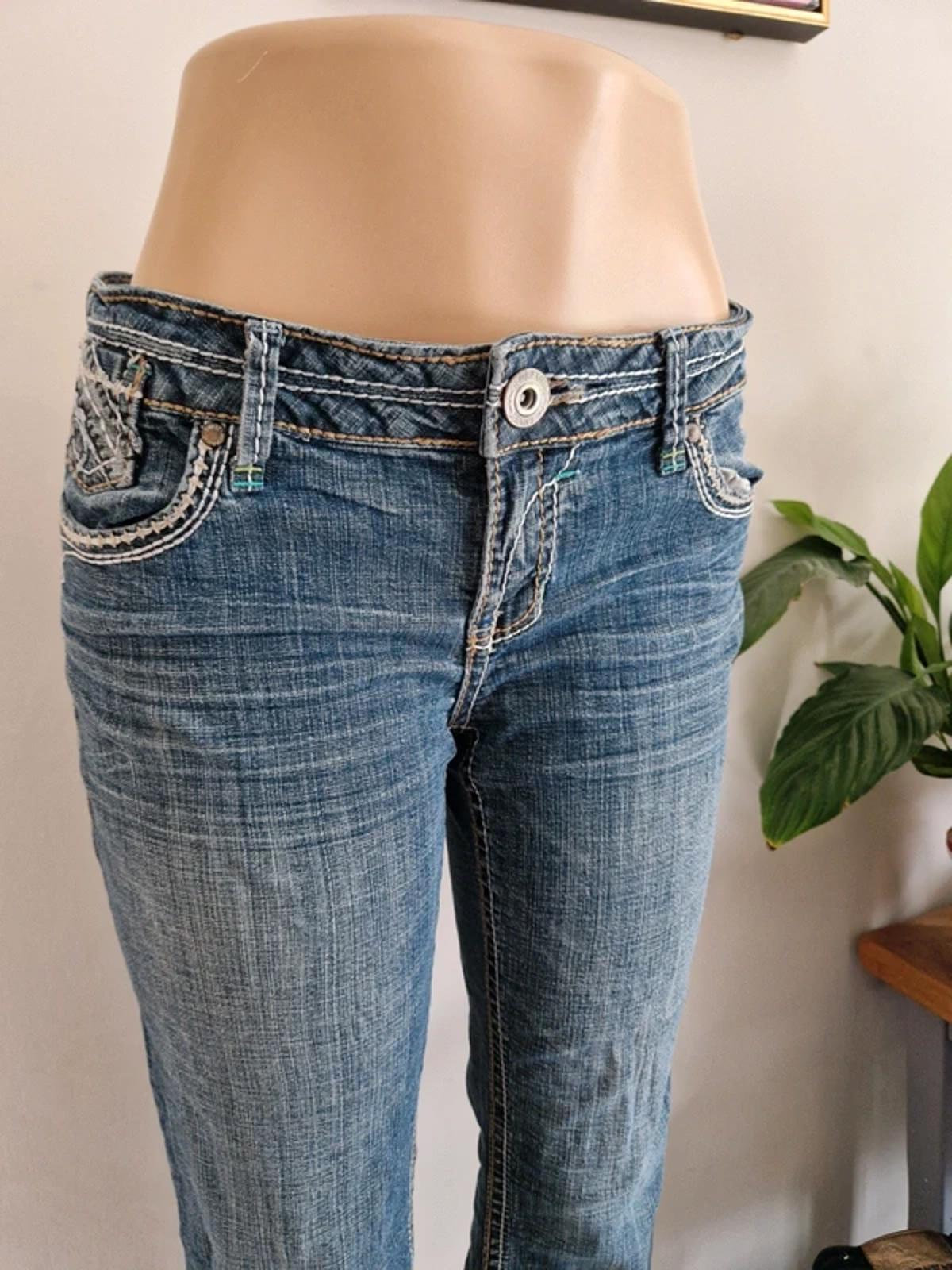 Y2K "Hydraulic" Low Rise Cropped Straight Cute Pocket Detail Indie Grunge Denim UK 12