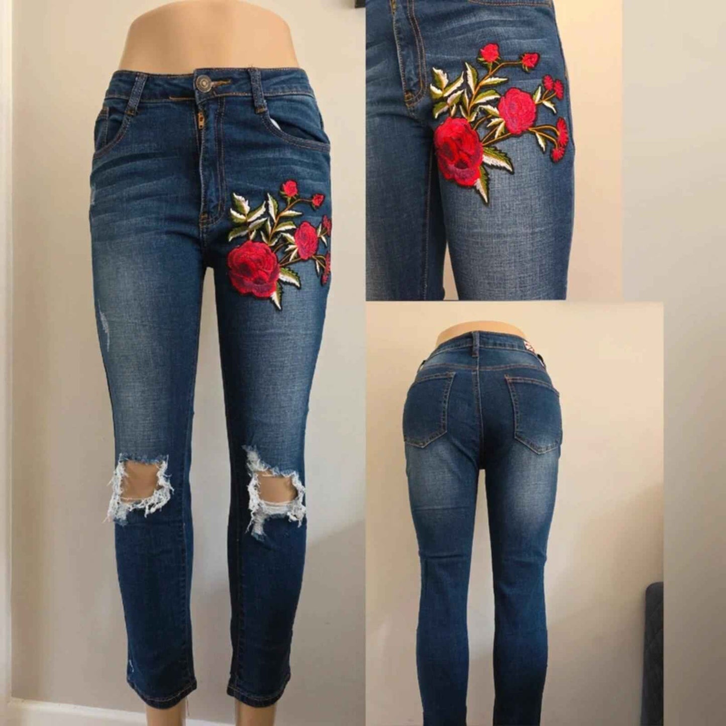 Machine Mid Rise Skinny Vintage Y2K Ripped Embroidered Jeans UK Size 10