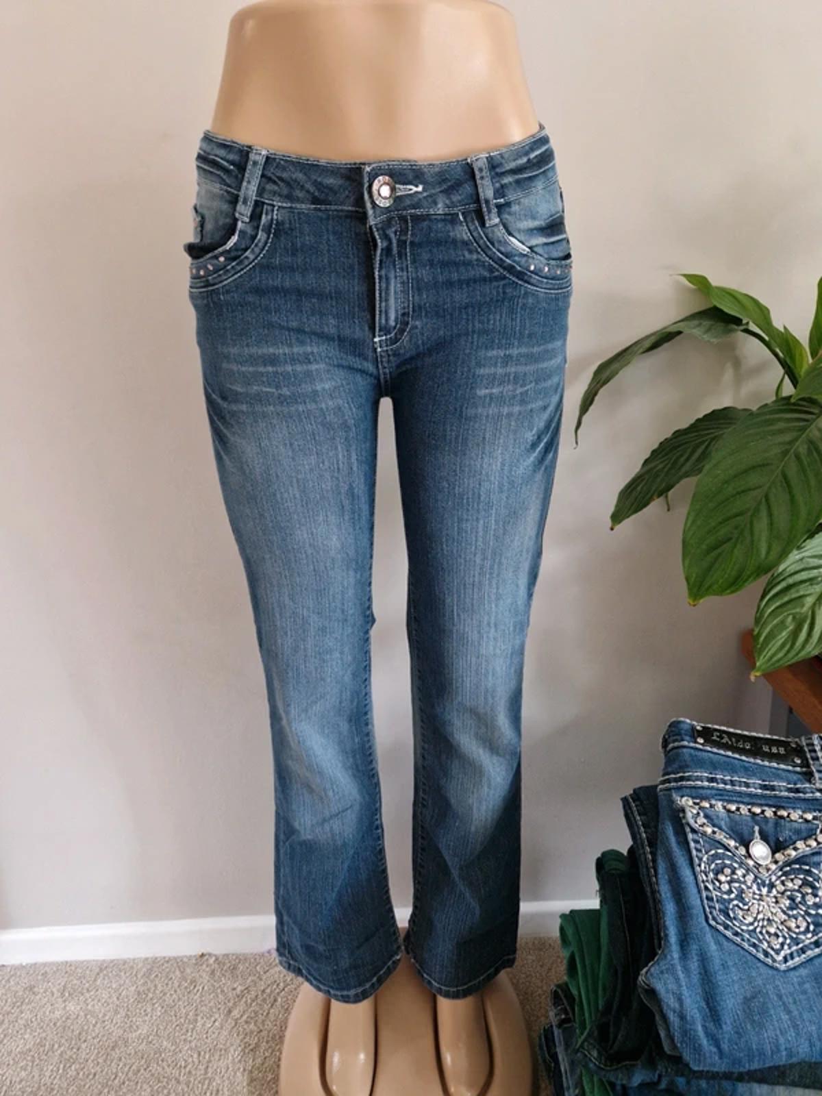 Y2K "Kikstar" Mid Rise Bootcut Petite Pink Detail Festival Grunge Denim UK 10
