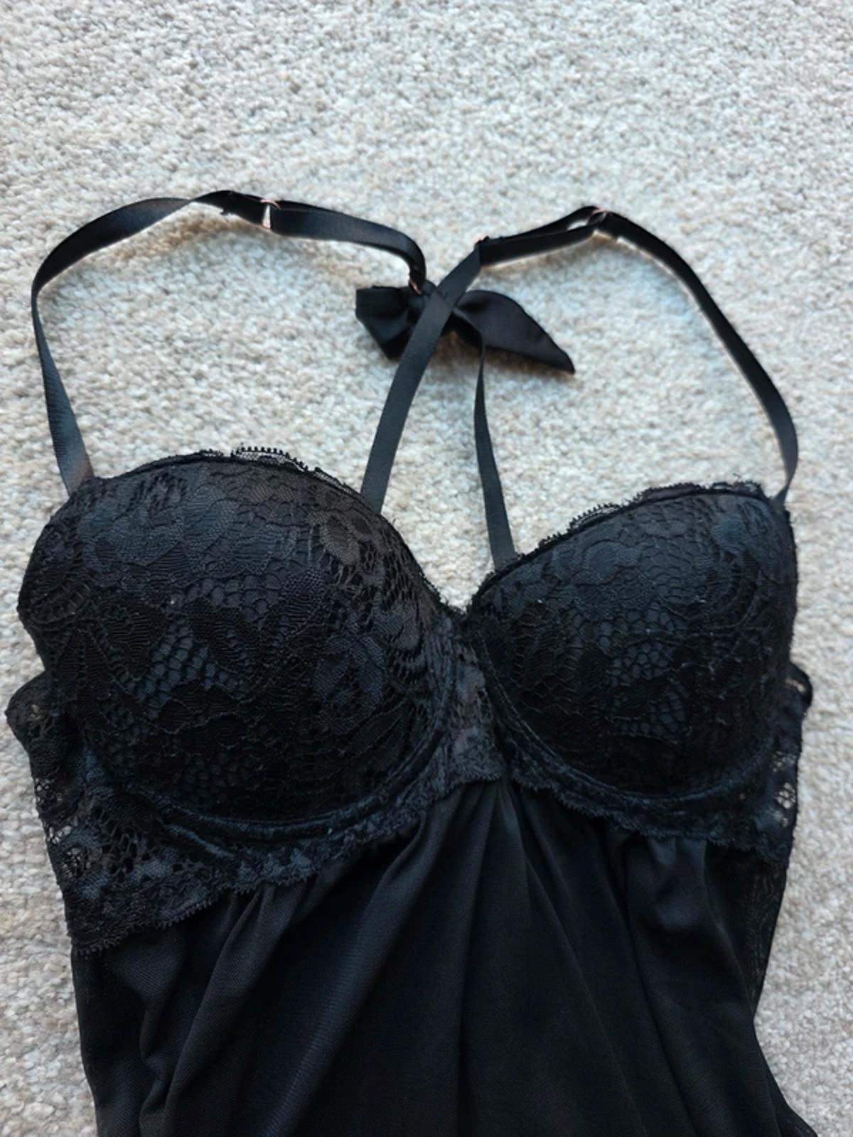 Vintage Y2K Black Lace Satin Babydoll Slip Dress Low Rise UK Size 8