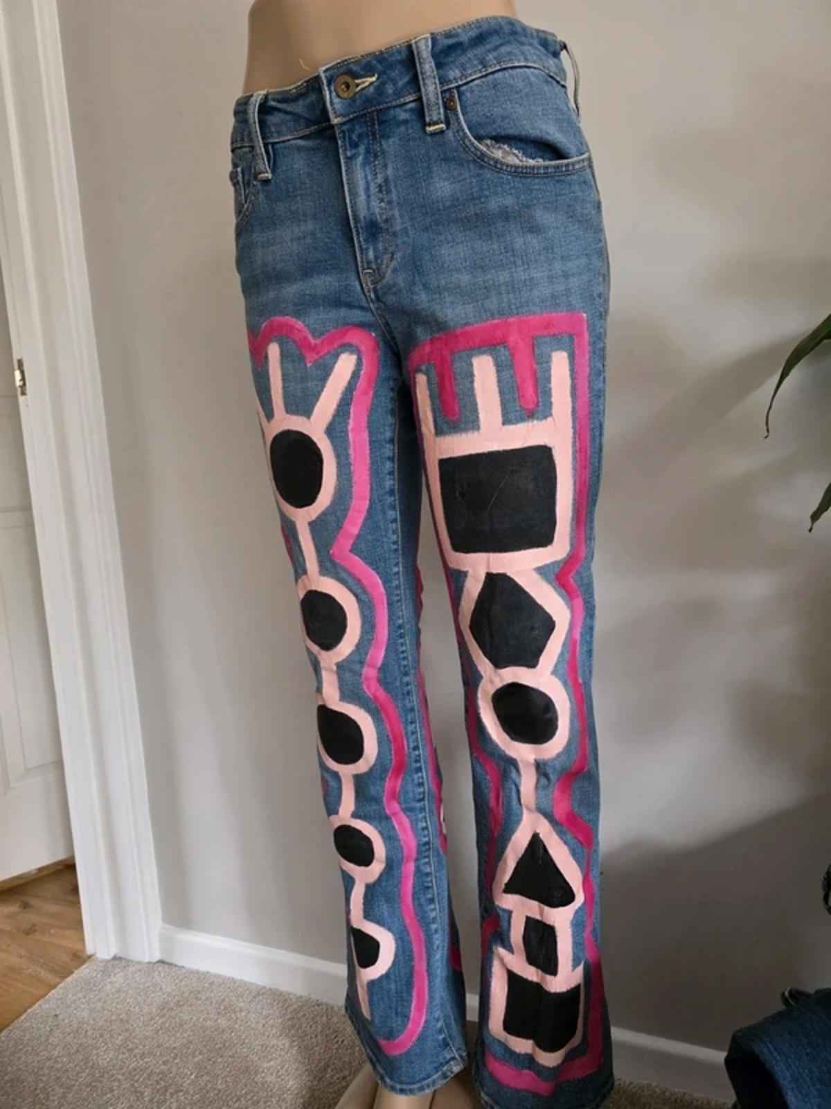 Vintage Y2K Old Navy Mid Rise Bootcut Abstract Festival Grunge Jeans UK 12