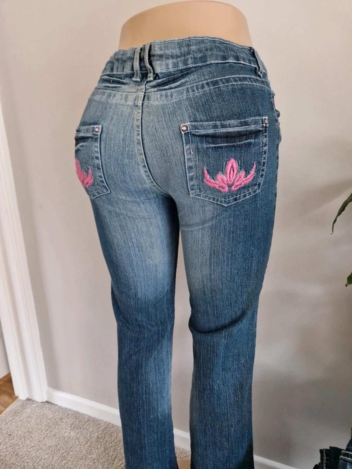 Y2K "Kikstar" Mid Rise Bootcut Petite Pink Detail Festival Grunge Denim UK 10