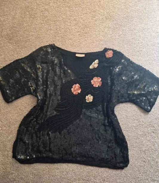 Vintage Y2K Hand Beaded Sequin Top Black Floral Embellished UK Size M