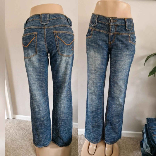 Y2K "Crest Jeans" Mid Rise Bootcut Faded Wash Grunge Denim Jeans UK 12
