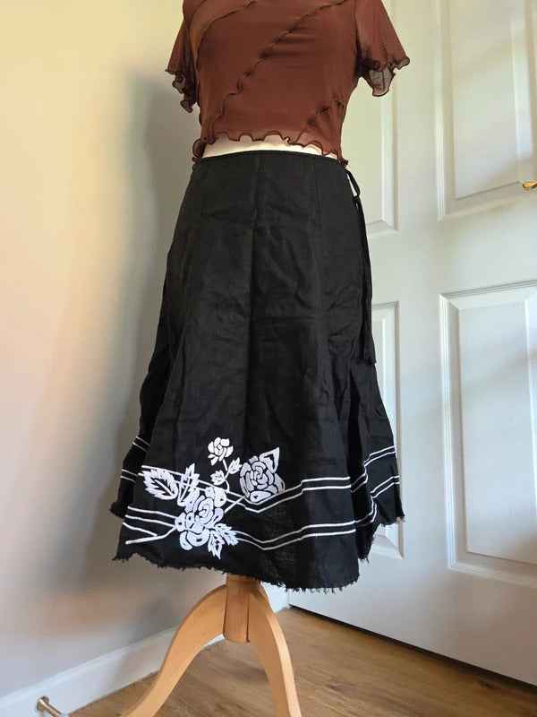 Nine West Black Linen Embroidered Midi Skirt UK Size 8