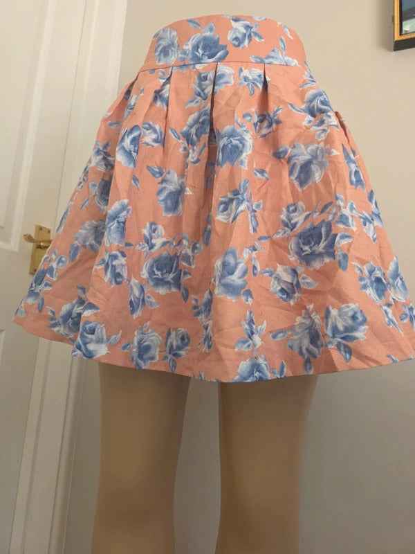 Japanese Floral Pleated Mini Skirt Pink Blue Roses UK Size 4/6