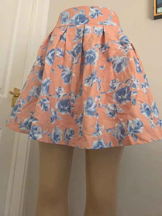 Japanese Floral Pleated Mini Skirt Pink Blue Roses UK Size 4/6