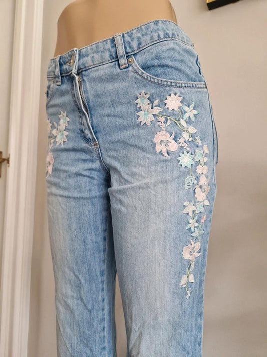 "Heine" Y2K embroidered floral bootcut jeans mid rise festival grunge denim UK 12