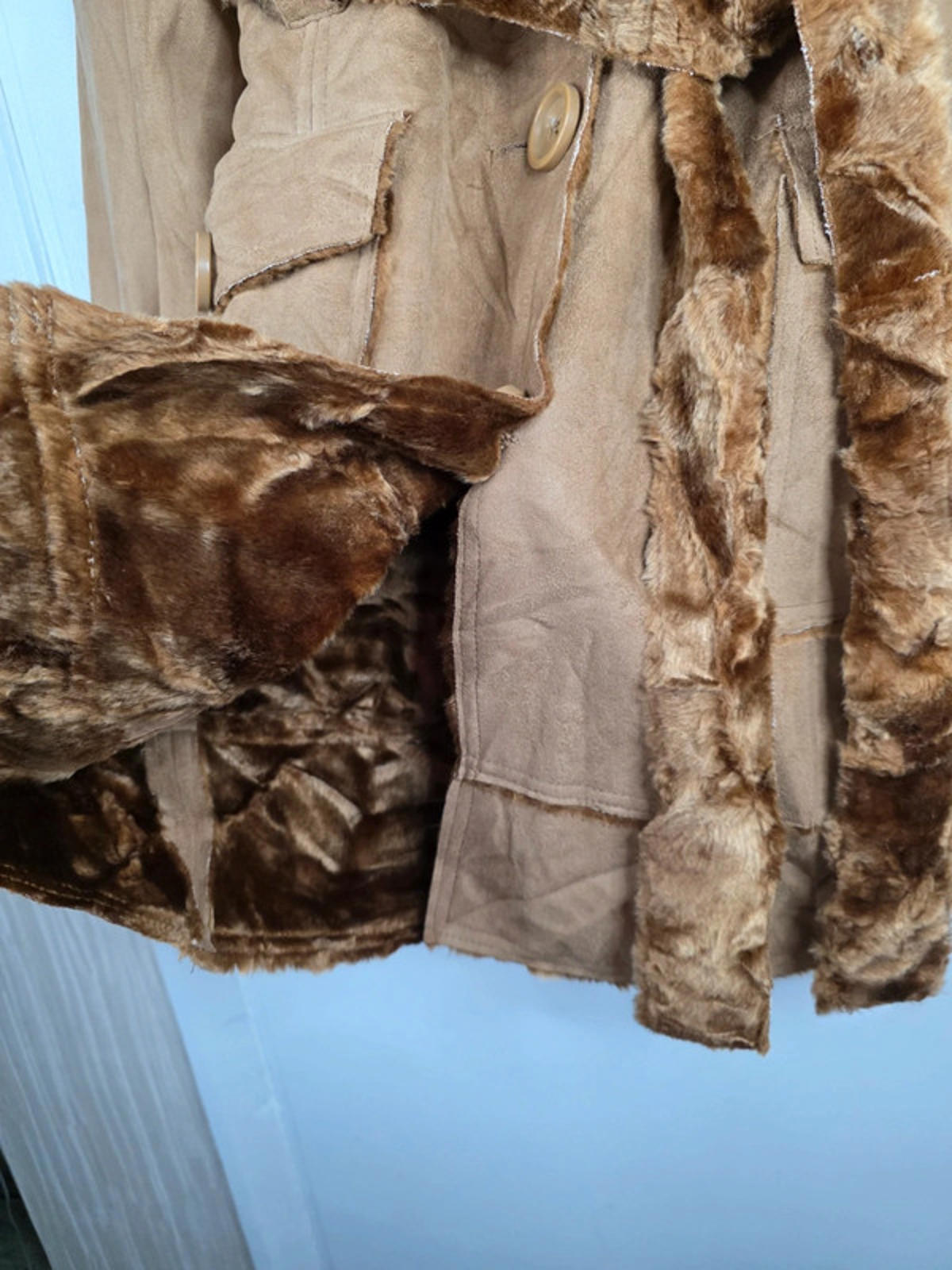Vintage Y2K Seduction Faux Suede Belted Coat with Faux Fur Collar UK size 8