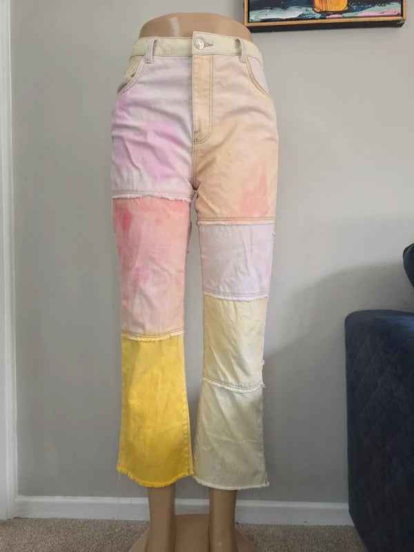 Bershka High Rise Patchwork Wide Leg Jeans UK Size 8 Petite