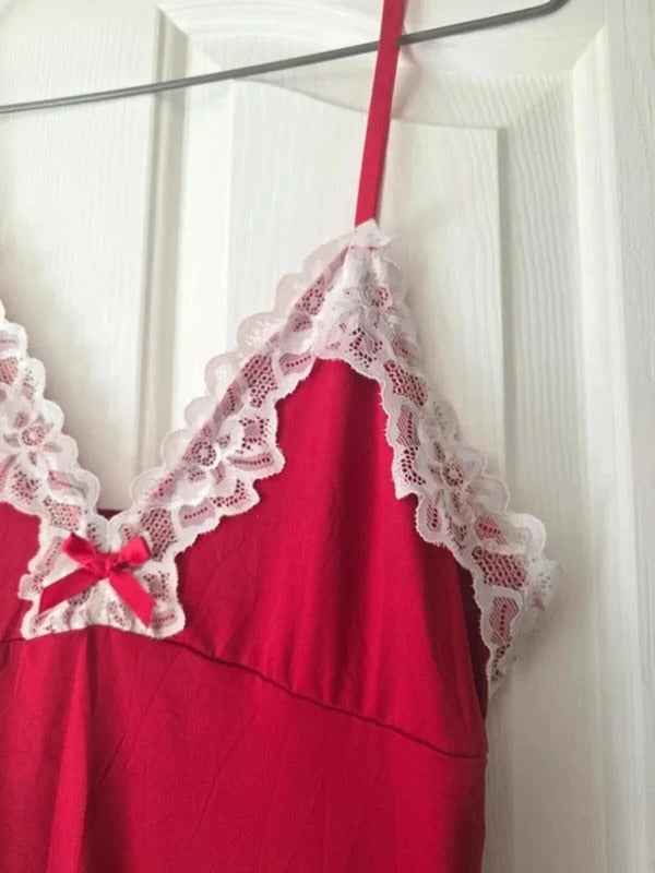 Vintage Y2K Red Lace Trim Slip Dress UK Size 12–14