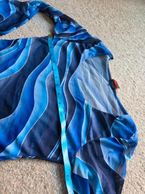 Vintage Y2K Blue Sheer Mesh Flare Sleeve Top UK Size 6/8