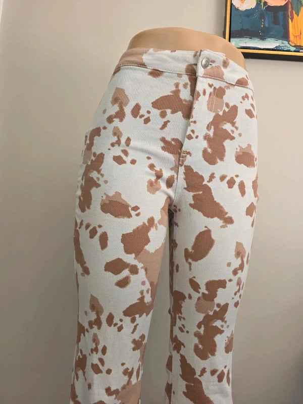 Peach Love High Rise Flared Cow Print Jeans UK Size 8
