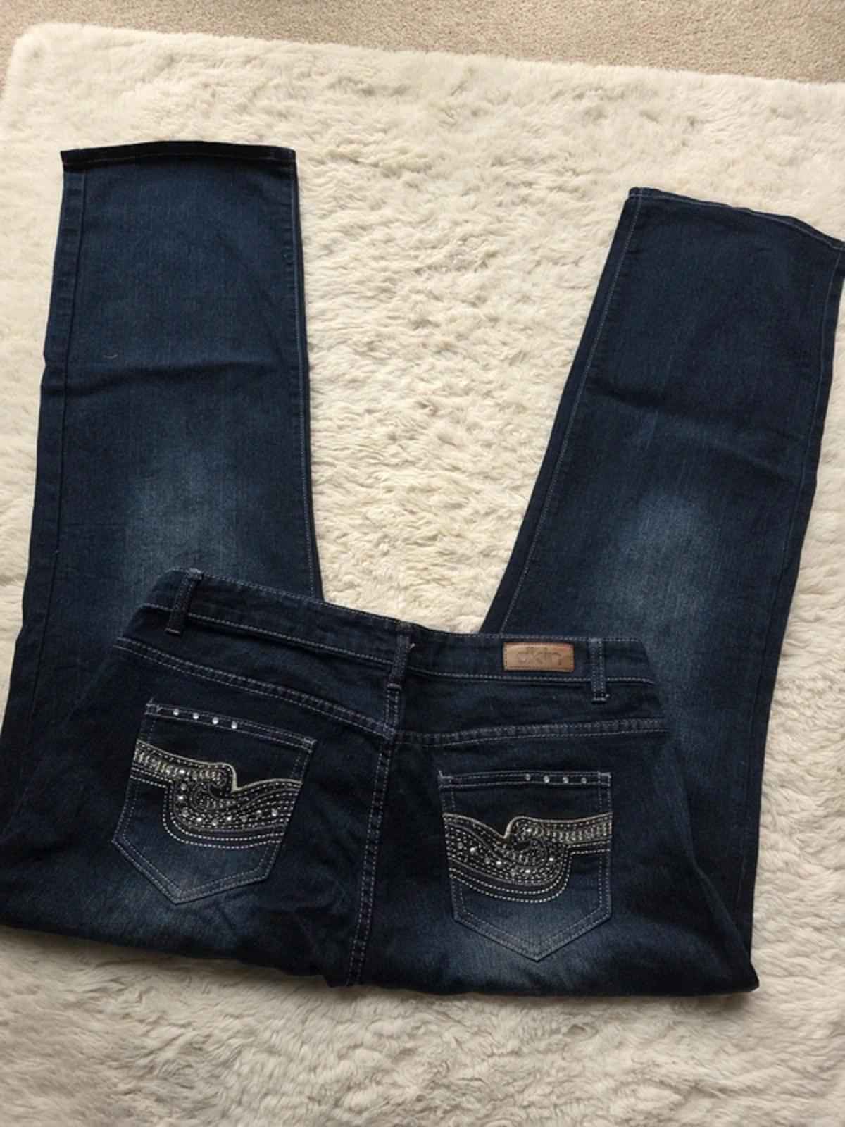 Vintage Y2K DKIN Mid Rise Wide Leg Dark Wash Embellished Pocket Jeans UK 16