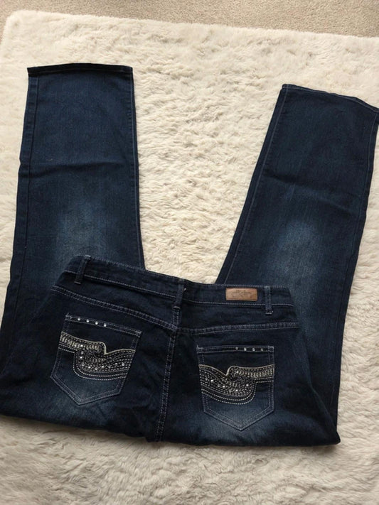 Vintage Y2K DKIN Mid Rise Wide Leg Dark Wash Embellished Pocket Jeans UK 16