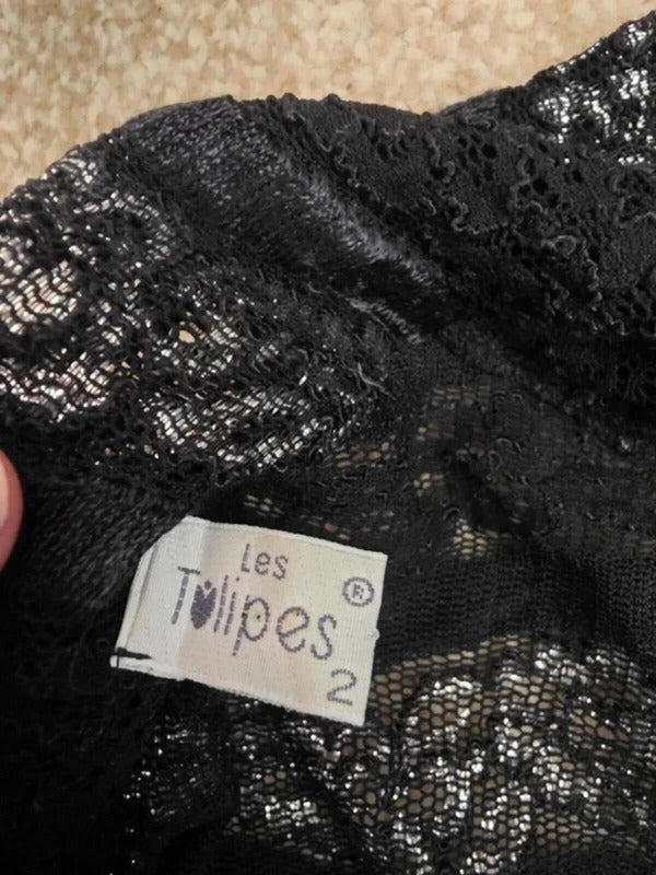 Vintage Y2K Sheer Sparkly Black Lace Blouse Les Tulipes UK Size 10/12