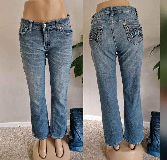Y2K "Cg Cg" Low Rise Bootcut Petite Festival Grunge Embroidered Denim Jeans UK 10