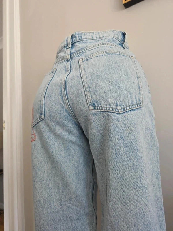 MNG High Rise Baggy Graphic Vintage Y2K Jeans UK Size 8