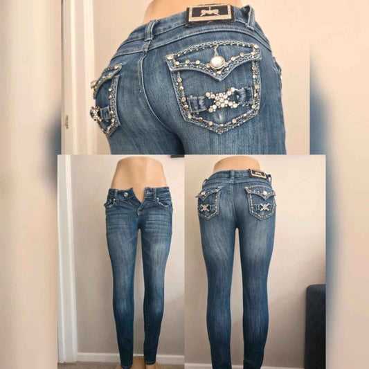 Rock & Love Ultra Low Rise Skinny Vintage Y2K Bling Jeans UK Size 4