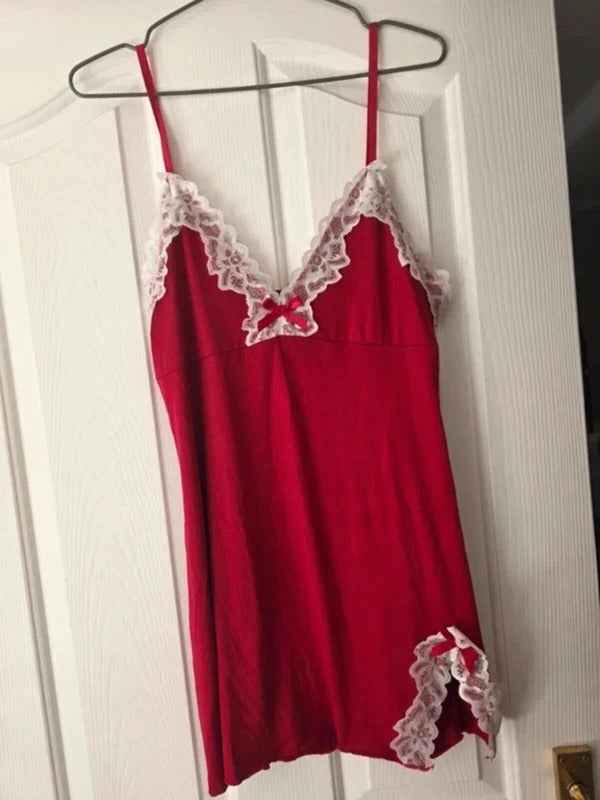 Vintage Y2K Red Lace Trim Slip Dress UK Size 12–14