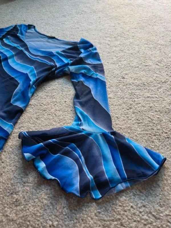 Vintage Y2K Blue Sheer Mesh Flare Sleeve Top UK Size 6/8