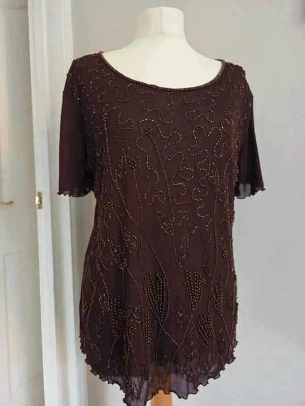 Erika Dance Vintage Y2K Beaded Mesh Top UK Size 16