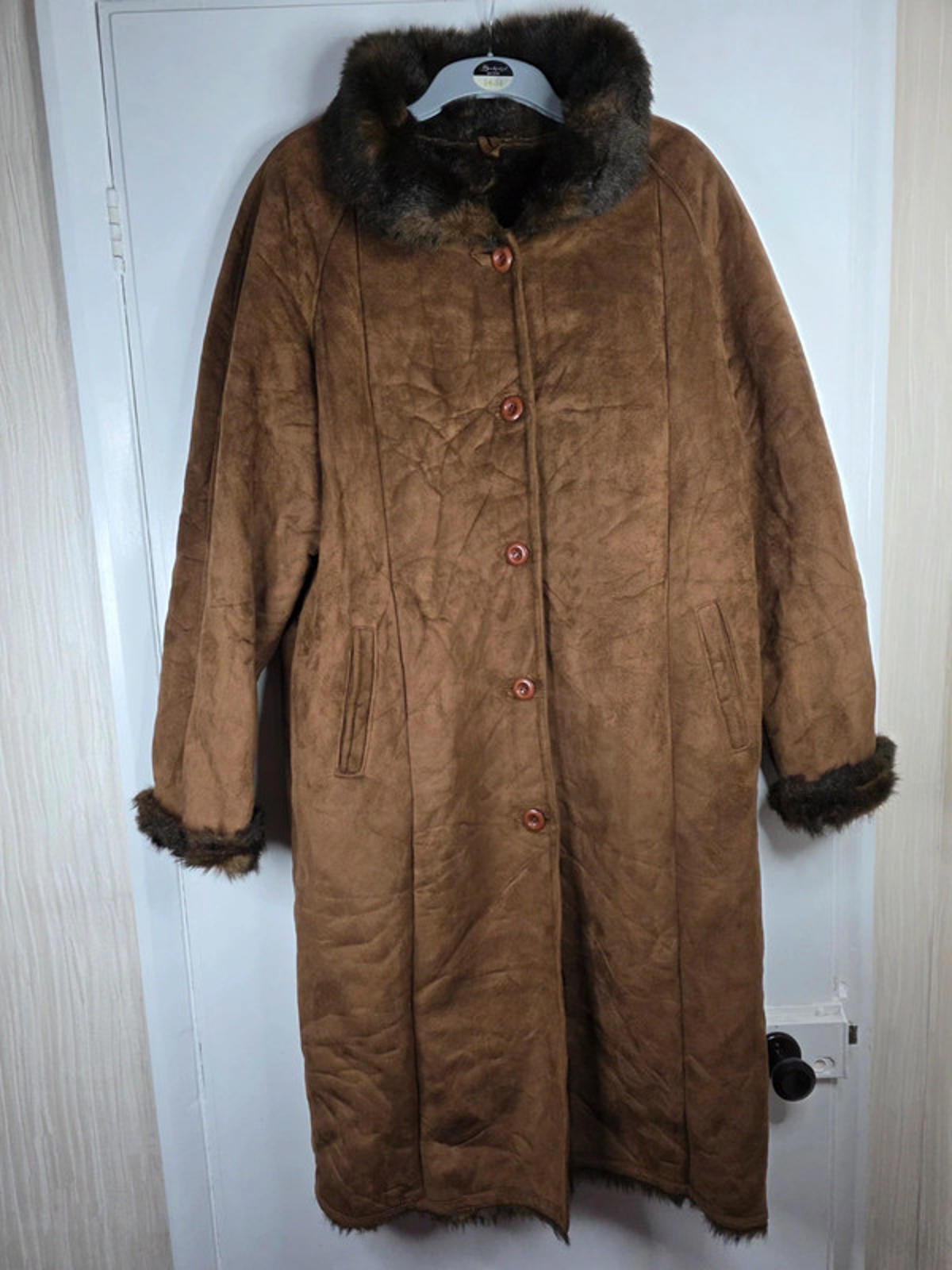 Vintage Y2K Faux Suede Longline Coat with Faux Fur Collar UK size 16/18