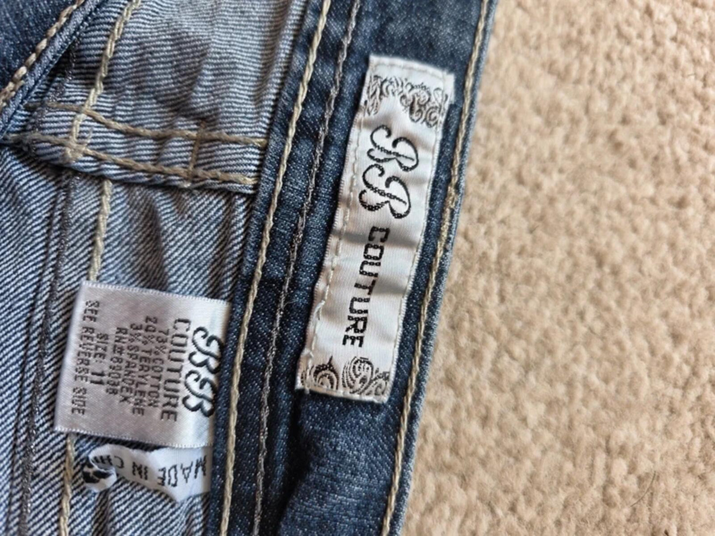 Vintage Y2K BB Couture Ultra Low Rise Skinny Bling Jeans UK Size 12