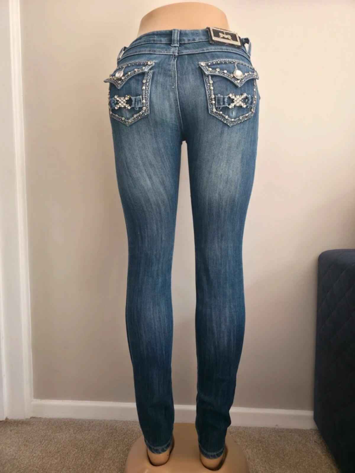 Rock & Love Ultra Low Rise Skinny Vintage Y2K Bling Jeans UK Size 4
