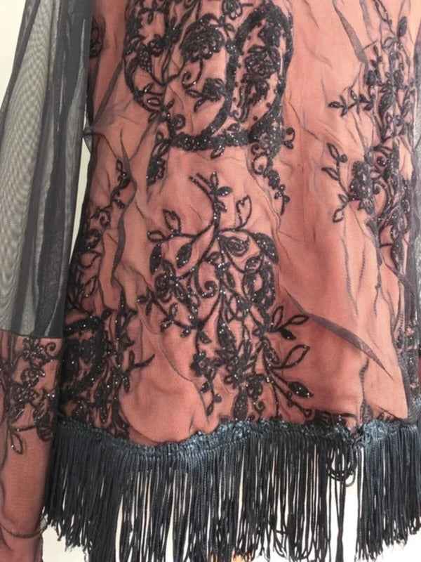 Vintage Y2K Sheer Mesh Embellished Fringe Top UK Size 14/16