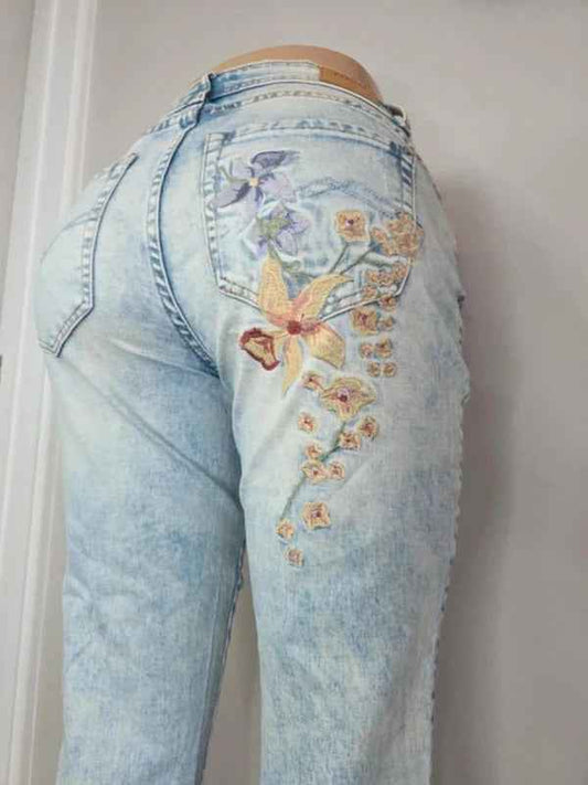 Cream Mid Rise Cropped Embroidered Jeans UK Size 8