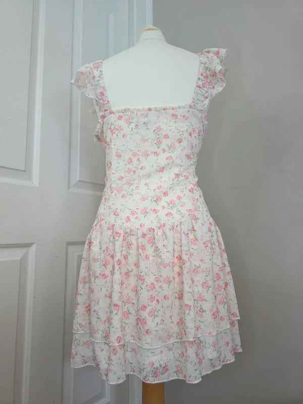 Quiz Pink Floral Ruffle Mini Dress UK Size 12-14