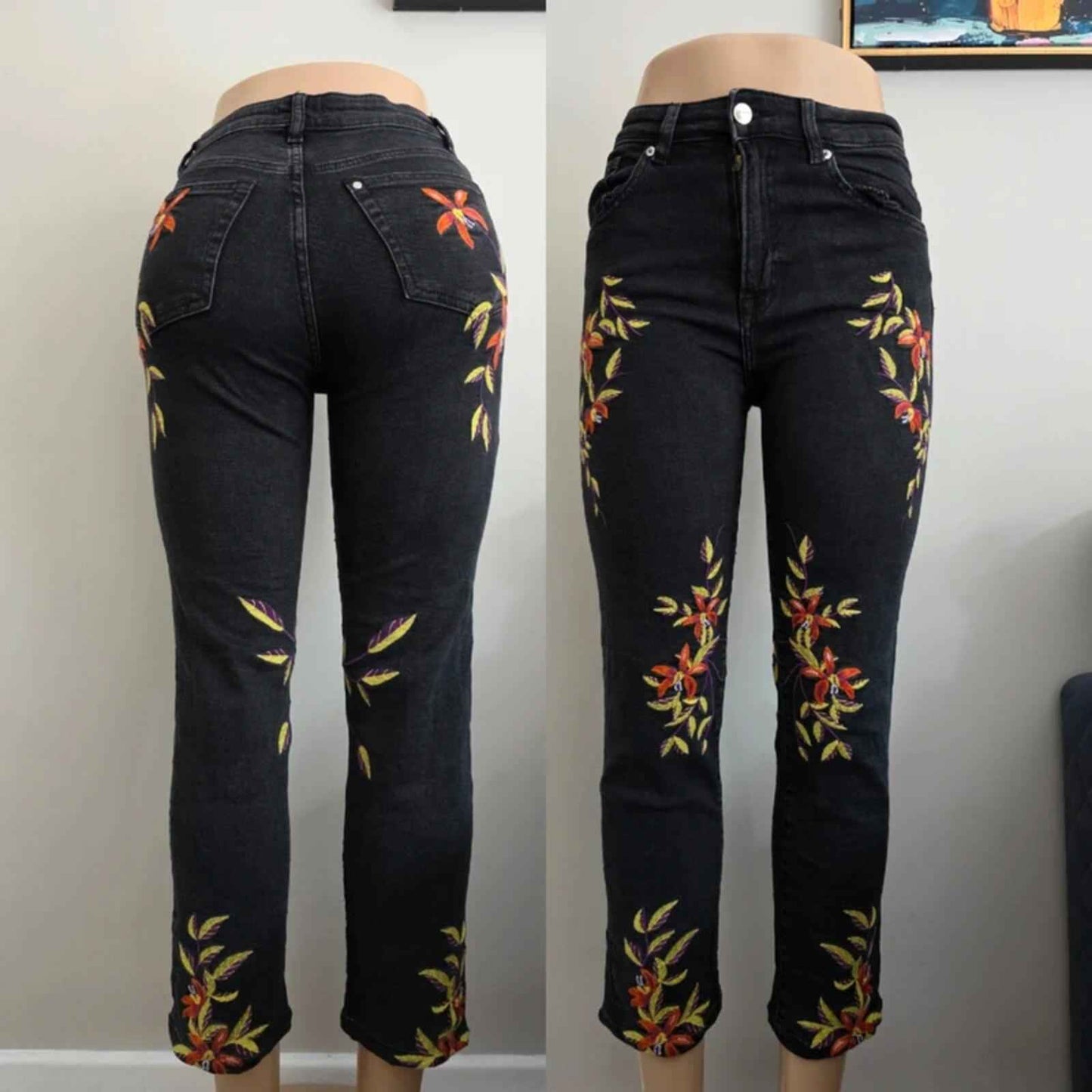 H&M Vintage Y2K High Rise Embroidered Jeans UK Size 6 Petite