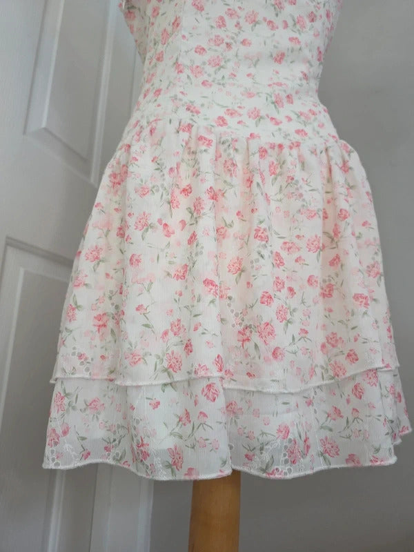 Quiz Pink Floral Ruffle Mini Dress UK Size 12-14