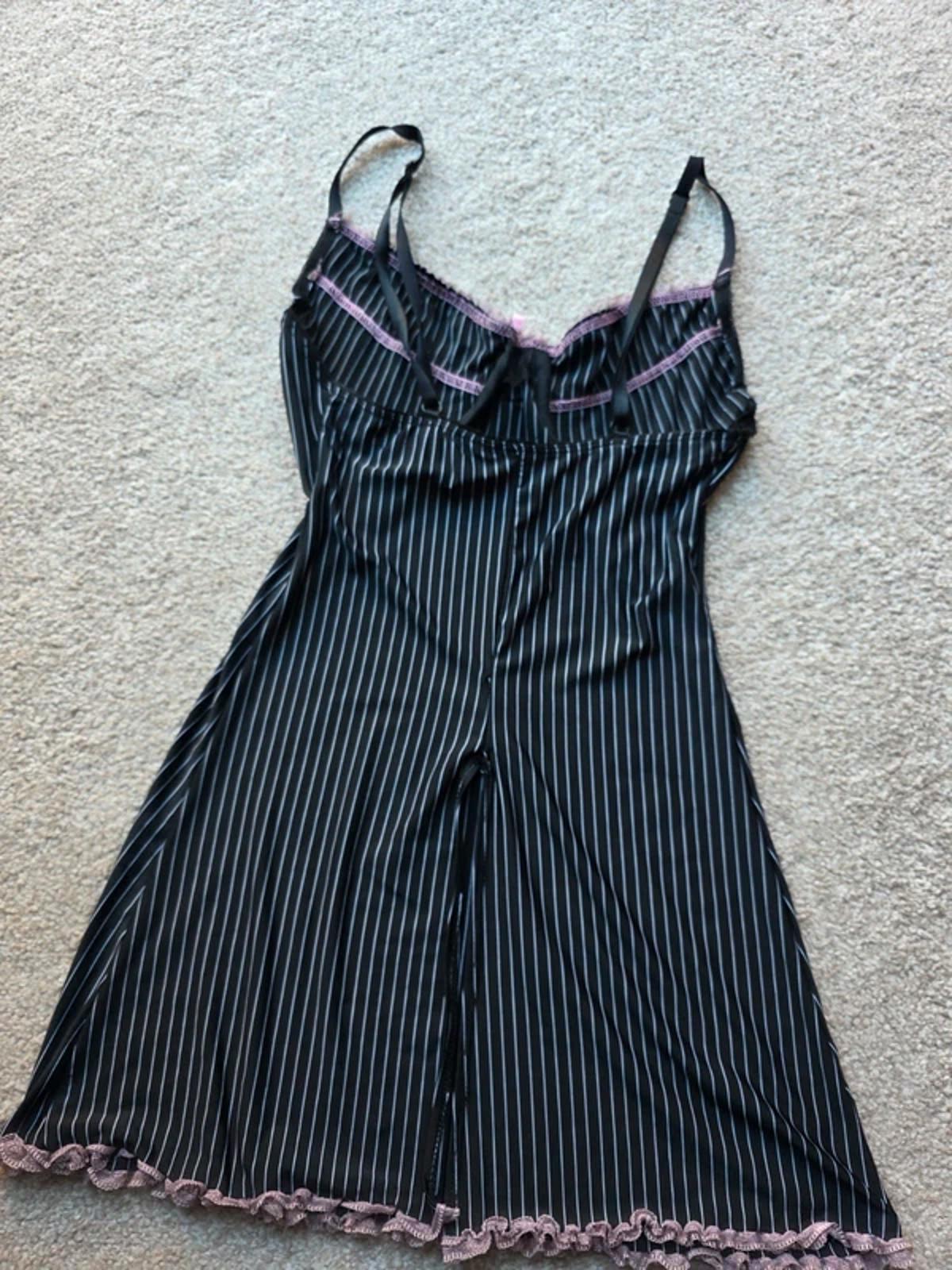 Vintage Y2K Dreamgirl Black Pinstripe Lace Babydoll Slip Dress UK Size 8–10