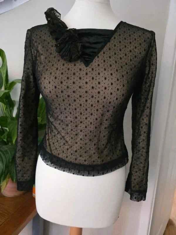 Vintage Y2K Collection Black Sheer Polka Dot Mesh Top UK Size 8