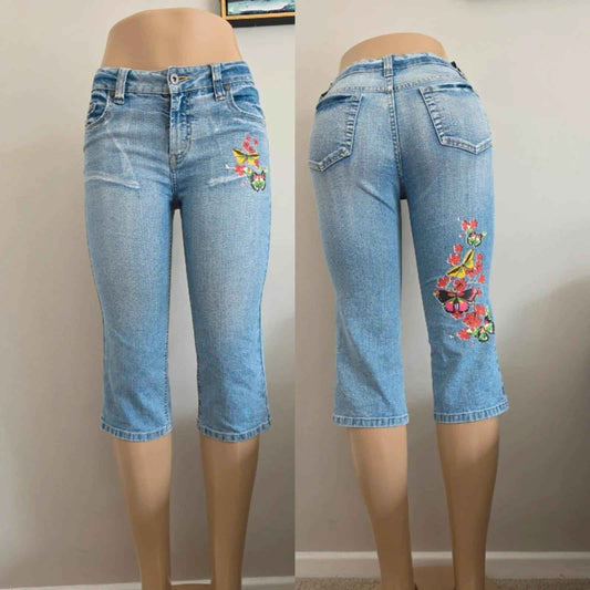 Faded Glory Mid Rise Capri Vintage Y2K Embroidered Jeans UK Size 6/8