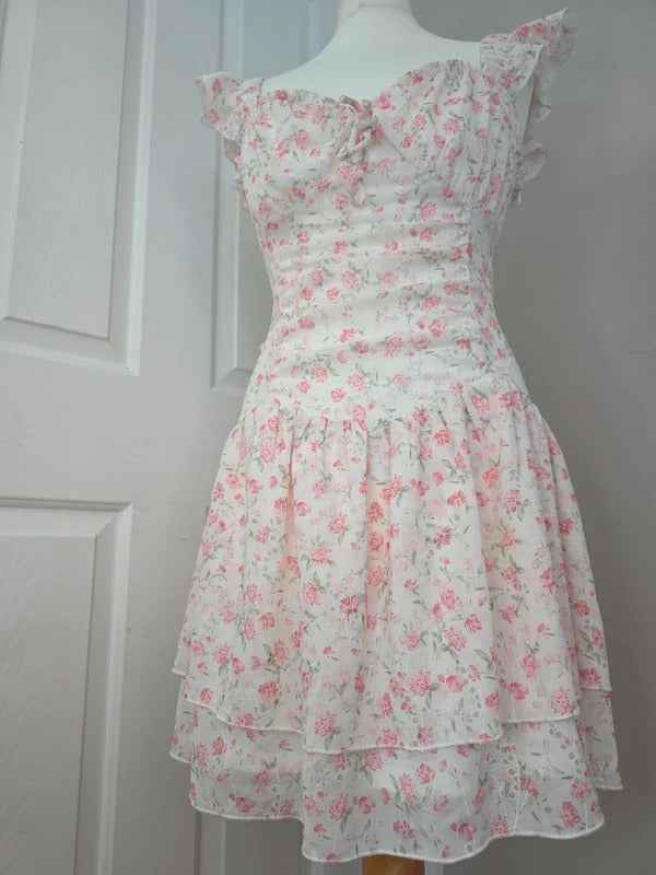 Quiz Pink Floral Ruffle Mini Dress UK Size 12-14