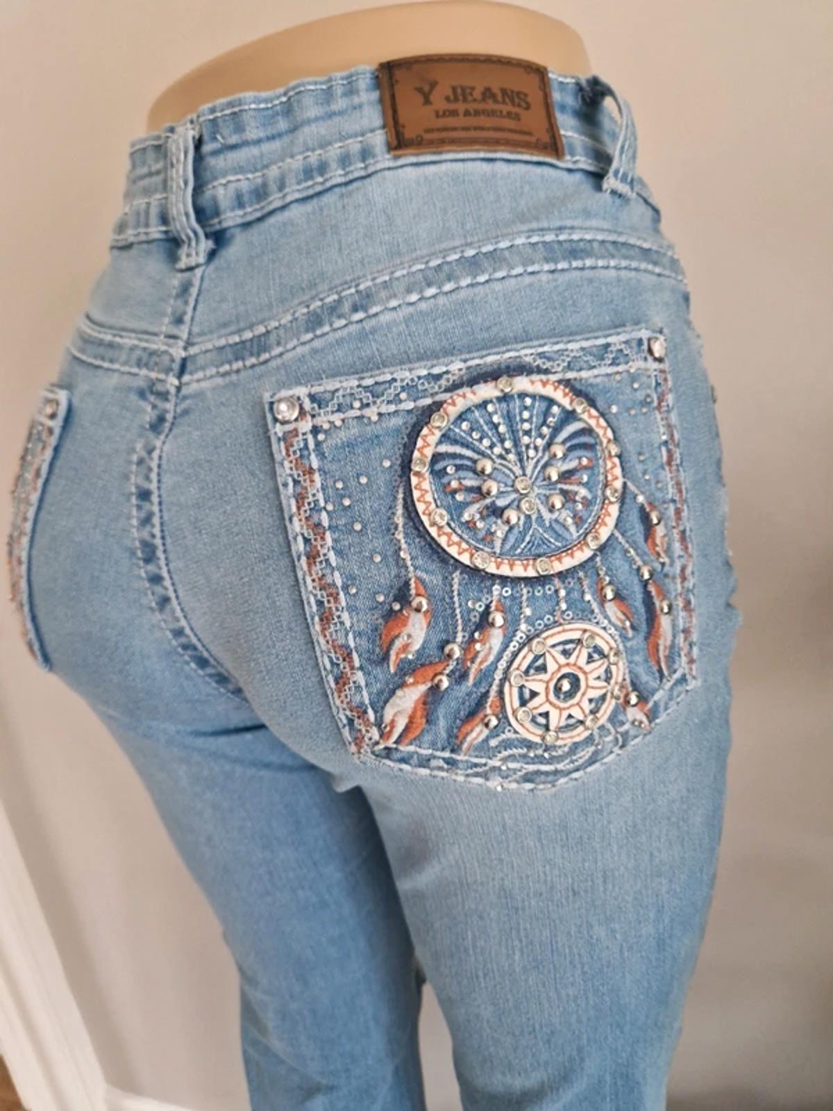 Y2K "Y Jeans" High Rise Flared Bootcut Distressed Festival Grunge Denim UK 12 Petite