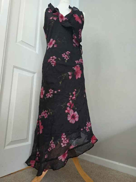 Zoey Beth Vintage 90s Black Pink Floral Asymmetrical Ruffle Dress UK Size 10